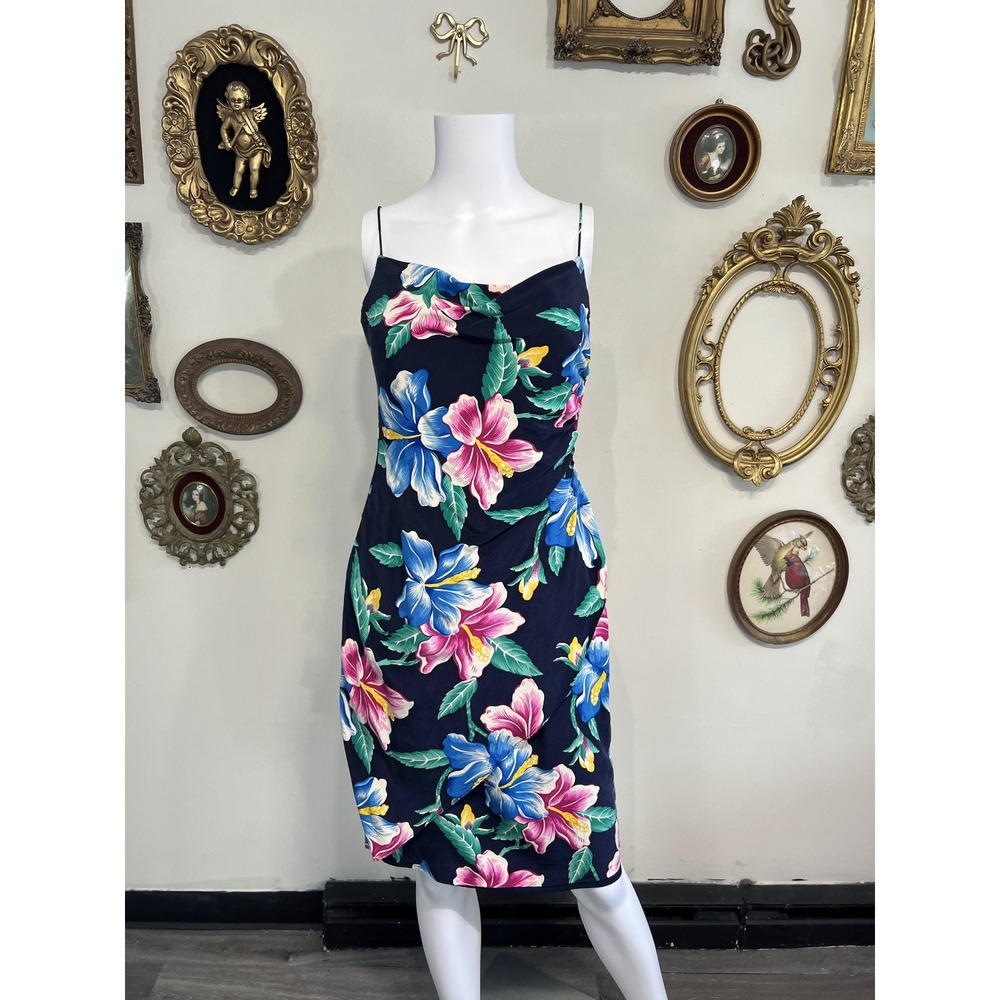 Vintage Ralph Lauren Navy Blue Tropical Floral Silk Cowl Neck Slip Dress Size 4